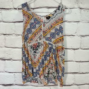 Lee Lightweight Loose Tank SZ L Gathered Empire Waist Lace Trim High Low Yellow